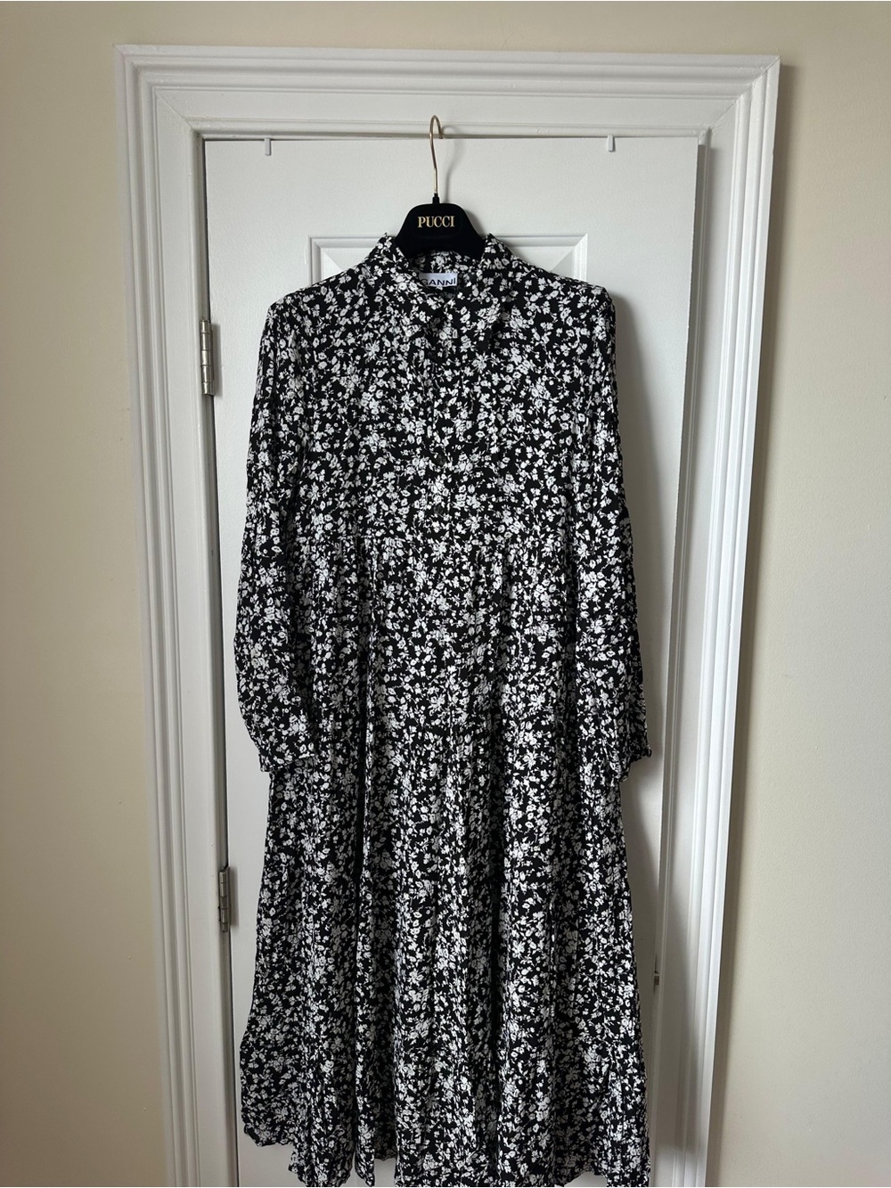 Ganni Black and White Floral Long-Sleeve Midi Dress